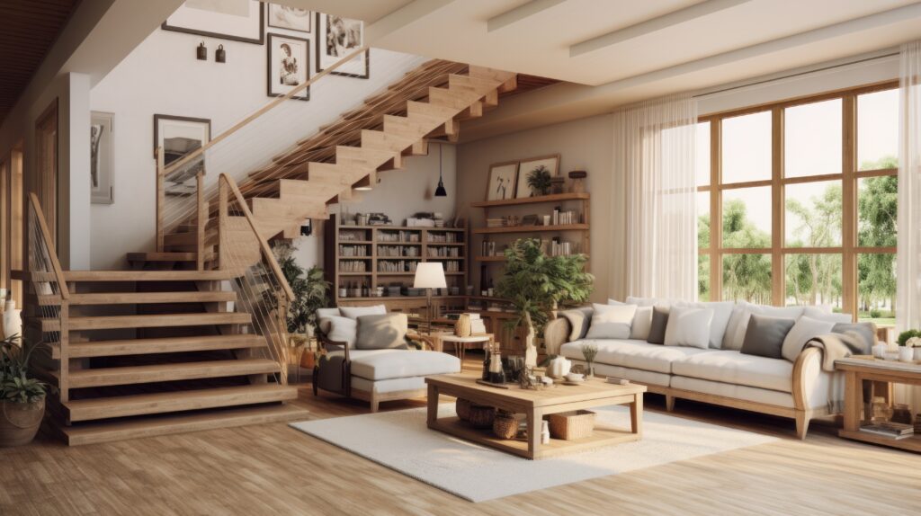 Brown laminate flooring in a open concept living room with stairs by Select Floors in Marietta, GA.